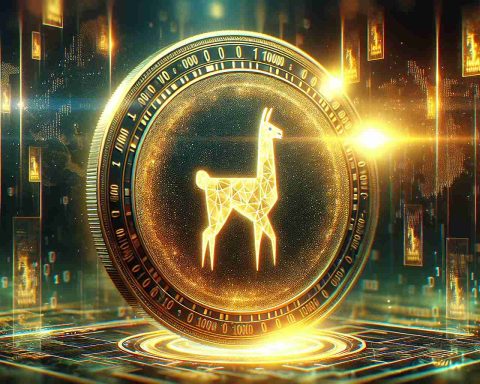 Visualize a symbolic representation of a new era in cryptocurrency. Picture a high-definition, realistic image of a golden futuristic digital coin embossed with the sign of a llama, signifying the 'Llama Factor'. The coin should be sparkling under the glow of a computer screen, reflecting the digital realm and the breakthrough in financial technology. Moreover, try to include elements like abstract patterns of binary codes and a glow representing the influence and reach of this new era. The overall ambiance should convey an impactful, optimistic shift in the world of cryptocurrency.