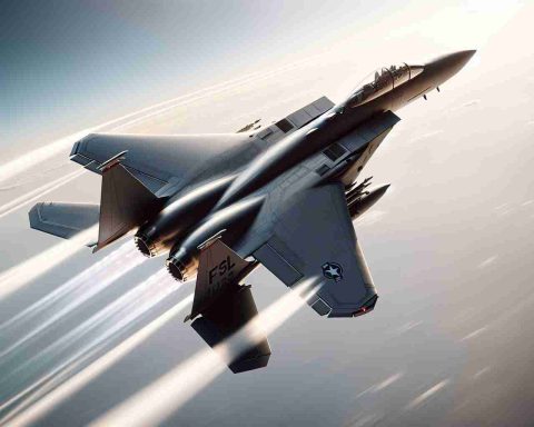 A detailed and high-definition scene showing the F-15 Eagle, a renowned military aircraft, in action. This cutting-edge machine, known for defying speed records, is soaring against a backdrop of a clear sky. The impressive jet fighter is painted in a distinct grey color with sharp lines, displaying its legacy and formidable strength. The aircraft creates a stunning trail of white smoke in its wake, showcasing its incredible speed and superior aerodynamic design. The sun casts a warm glow on the fast-moving aircraft, illuminate it in splendid detail.