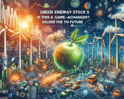 Generate a high definition image that visually represents the theme of green energy stocks changing the game. The scene should be metaphorical and imaginative, exploring potential future ramifications and developments in the sector. Consider including depictions of typical stock market symbols such as graphs and charts, interspersed with elements representing renewable energy like wind turbines, solar panels, and electric vehicles. Include a bold headline in the image that reads: 'Green Energy Stocks: Is This One a Game-Changer? Explore the Future' as if it's a feature article in a finance magazine.