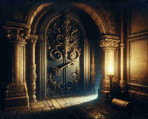 Create a high-definition representation of a dark and whimsical scene steeped in Gothic influence, similar to but not identical with iconic cinematic styles pre-1912. Imagine a mysterious, locked door with elaborate carvings. The key in the process of turning within the lock, symbolizing the unlocking of the art. All this should be under a lighting that conveys anticipation and the unknown. Add a scroll or book in the foreground with words hinting at the mysteries stored behind. Please create the image in oils and watercolors to mimic classical painting techniques.