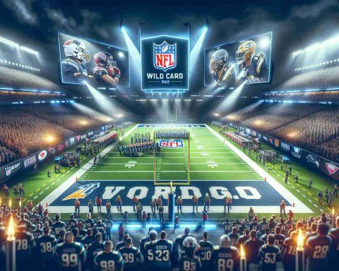 Generate a high-definition, realistic image of an intense moment before an NFL Wild Card football match. Illustrate the anticipation and thrill that's building up with fans visible in stands wearing shirts of their teams, electronic scoreboards displaying team logos, and a brightly lit football field ready for the action to unfold. Incorporate elements of a pre-game tribute, such as a respectful, touching memorial held for past players, with a moment of silence being observed in the stadium.