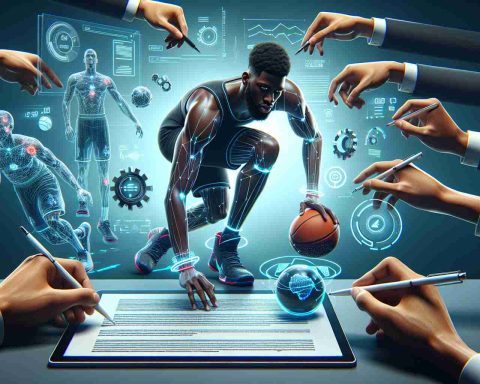 Envision a realistic HD illustration of an evolving future in NBA contracts. Exhibit the trend set by a talented, physically fit, Black basketball player along with representations of modern technology - perhaps contracts being signed on digital devices like tablets or smart screens. Showcase the player poised to sign a contract, with suggestive elements like touch-screen technology, holograms, or futuristic AI assistants around him, symbolizing the rising integration of tech within sports negotiations. Avoid including personal identifiers or names.