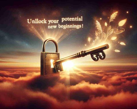 Generated an HD-quality photo of a symbolic scene expressing the concept of unlocking potential and embracing new beginnings. Imagine a large, vintage-style key made of gold, inserting into a shining lock. Both the key and lock are floating in what appears to be a dawn sky, bathed in the warm light of a sunrise peeping over the horizon. Scattered around are motivational phrases such as 'Unlock Your Potential Today!' and 'Embrace New Beginnings', hovering in the air in luminous, extraordinary letters.