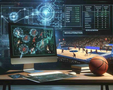 High-definition realistic image that depicts the revolution of basketball through artificial intelligence. The scene should illustrate an advanced AI system analyzing and revolutionizing NBA trades. It could show a large digital screen displaying complex algorithms and statistical data related to basketball players, their performance evaluation and how they match the team's requirements. An AI module on a work desk with basketball match in progress as background, demonstrating a futuristic approach to NBA trades.