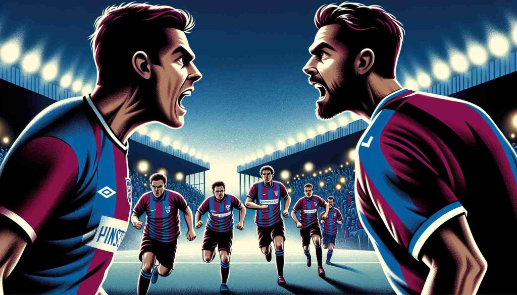 Illustration of a highly tense soccer game during the evening. One team, wearing claret and blue uniforms - the team colors of a club from East London, known for its storied past, is facing an unspecified tough opponent. The focus is on the players' expressions showing determination and grit, with the glowing stadium lights overhead and excited spectators in the background.