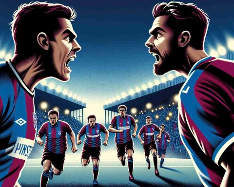 Illustration of a highly tense soccer game during the evening. One team, wearing claret and blue uniforms - the team colors of a club from East London, known for its storied past, is facing an unspecified tough opponent. The focus is on the players' expressions showing determination and grit, with the glowing stadium lights overhead and excited spectators in the background.