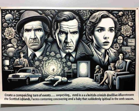 Create a captivating scene that depicts a compelling turn of events from a fictitious British crime drama, set in a place similar to the Scottish islands. Emphasize on elements such as surprising discoveries, weathered faces illustrated with astonishment, and a hint towards the plotline concerning a baby that has suddenly become pivotal in the seventh season.