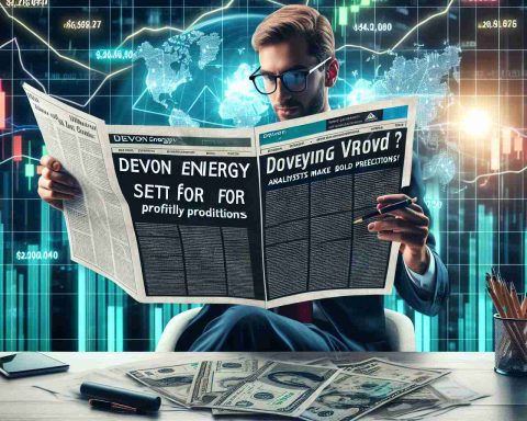 Generate an HD realistic image of a financial news headline saying 'Devon Energy Shares Set for a Profitable Year! Analysts Make Bold Predictions.'