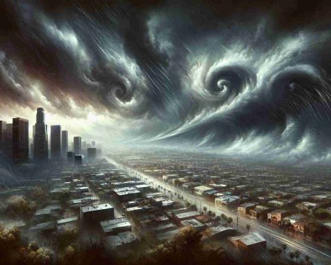 Create a realistic high-definition picture illustrating the headline 'Brace Yourself: Powerful Winds Headed for LA! Are We Ready?'. Depict dark, stormy skies with swirling gusts of wind looming over the city of Los Angeles. Buildings below are starting to show signs of distress, and residents hastily preparing for the impending weather.