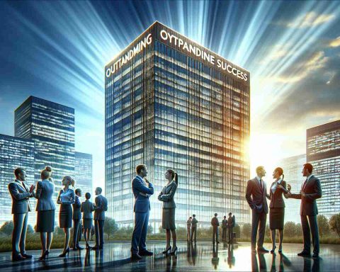 A hyper-realistic image capturing the essence of outstanding corporate success. The scene depicts a bustling, modern company building standing tall among its competitors. The radiant energy of victory and dominance emanates from the building itself, its logo proudly emblazoned at the top. Employees of diverse genders and descents are seen in the foreground, discussing in small groups, exuding confidence and contentment. This visual narrative makes the viewer wonder: what extraordinary feats has this company accomplished to dominate its industry so spectacularly?