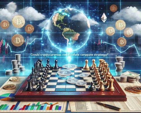 An ultra-high definition, realistic image depicting the concept of a revolution within Fortune 500 companies brought about by cryptocurrencies. The scene includes symbols of corporate strategy such as a chessboard with chess pieces, a graph showing rapid growth, and digital assets like Bitcoin and Ethereum. There is also a thought bubble above the chessboard with the question 'Could Cryptocurrencies redefine Corporate Strategy?' within it.