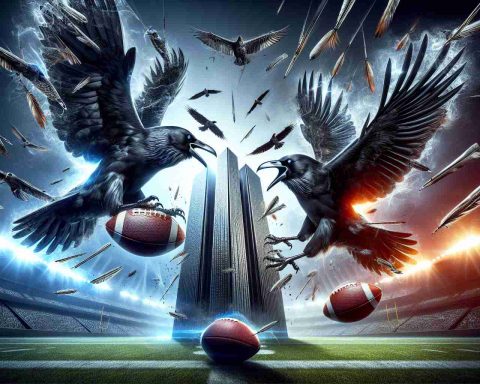 High definition image capturing the tension and action of an unforgettable playoff football game between two fierce rivals. Fierce black ravens soaring high in the sky, symbolizing one team's domination, against the background of shimmering steel structures representing the other team. A thrilling scene with explosive energy and drama to commemorate a performance for the ages in sports history.