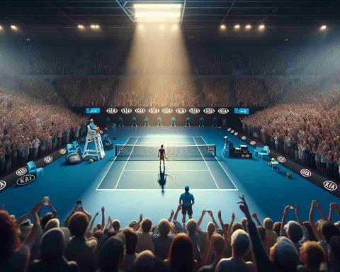 High-definition, realistic image of an intense tennis match taking place during the Australian Open, with the unexpected moment of an underdog player scoring against a favored opponent. The crowd in the stadium is wide-eyed with surprise, the spotlight is shining on the lone player standing proudly on the court, racket in hand, despite the sweat dripping off their face. Visible emotions of shock, delight and disappointment fill the arena as spectators wave their banners and flags in support. The iconic blue court adds a striking contrast to the scene.