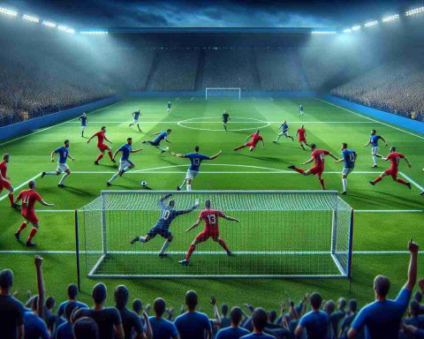 HD realistic image depicting an intense soccer game. Two teams, one in blue kits and the other in red, are locked in a fierce competition on a lush green field. The blue team, in numerous instances, is shown missing potential goals, leading to an air of drama and tension. The stands are filled with passionate fans, capturing the palpable energy of a gripping soccer match.