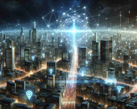 A hyper-realistic high-definition image representing the concept of the 5G revolution. We see a bustling, ultra-modern urban environment beaming with advanced connectivity. The cityscape teems with high-speed data transmissions visible as radiant light paths linking buildings, devices, and people. In the foreground, there's a visual representation of AI as a complex geometric entity, meshing with the data streams, optimizing, rerouting, and ensuring smooth data flow. The general tenor of the image should suggest a quantum leap in urban connectivity and the integral role that artificial intelligence plays in it.