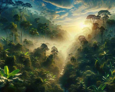 Generate a high-definition, realistic image that depicts a dense, ever-changing jungle environment. The jungle should be teeming with diverse wildlife and show signs of dynamic shifts in climate and ecology. Integrate the caption 'Who Will Escape Next? The Jungle is Changing and So Should We' into the image. The change in the jungle should inspire a sense of urgent reflection and adaptation in the viewer.