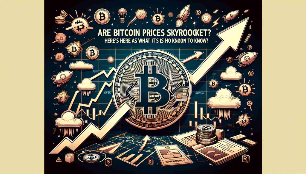 Create an image depicting the concept of Bitcoin prices potentially skyrocketing. Show a graph with Bitcoin prices experiencing a dramatic rise, alongside helpful symbolic representations of investing, uncertainty, and strategy. Make sure to include the phrase 'Are Bitcoin prices about to skyrocket? Here's what you need to know' prominently in the image. The design should be realistic and high-definition.