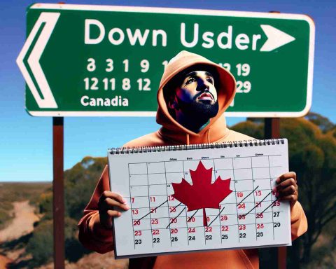 Create a hyperrealistic image of a popular male rapper with a Canadian background, standing beneath a signpost marked 'Down Under'. He's holding a calendar marked with various circled dates, suggesting a surprise tour in Australia.