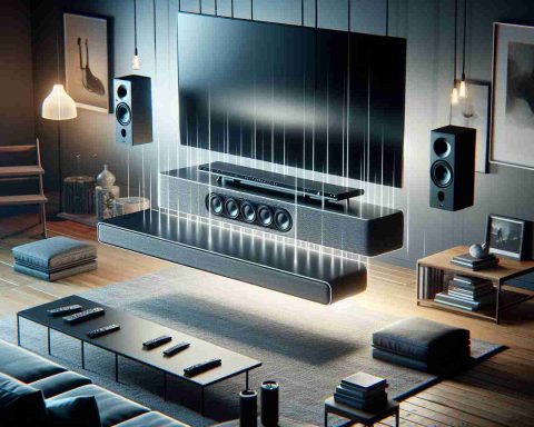 An innovative home audio experience with a high-definition photo of a modern, cutting-edge sound bar device, not specific to any brand. The sound bar should be sleek and high tech, possibly with touch controls and a minimalist design. It could be placed beneath a flat-screen TV, indicating its utility in augmenting the audio experience. This setup is ideally situated in a contemporary living room setting, showcasing the potential of this technology to revolutionize home entertainment.