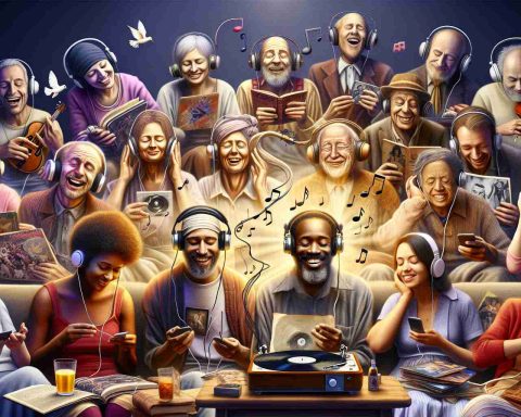 Create a high definition, realistic image illustrating the concept of 'Unlocking Memories Through Music'. The scene should depict a diverse range of individuals from different descents such as Caucasian, Hispanic, Middle-Eastern, South Asian and Black all listening to music from different devices - vinyl records, iPods, gramophones, and even through live performances. Each individual should be shown experiencing emotions like joy, nostalgia and contentment, indicative of reliving past memories. Surroundings may also change subtly according to the music they are listening to, hinting at the respective eras of their memories.