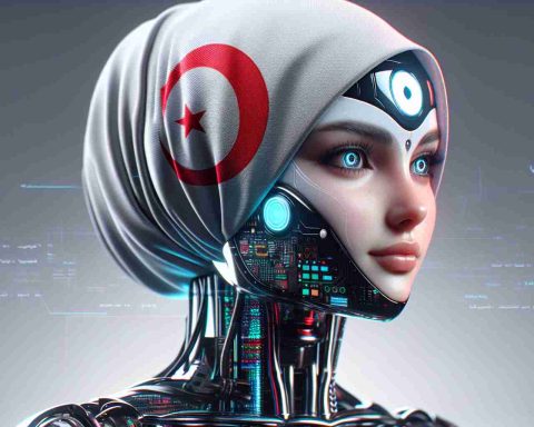 Generate a high definition, realistic image representing the dichotomy of a revolutionary AI companion and potential privacy risk. The AI is embodied as a female figure, dubbed as 'Hawk.Tuah Girl'. She is Turkish and has futuristic aesthetics associated with her design, showcasing modern technological advancements. Let the image propagate the uncertainty of the future.