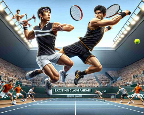 An HD, detailed and realistic image of a male Asian tennis player displaying agility and skill against his opponent, a male black tennis player. The black player is showcased as an underdog yet fierce and determined. A sense of an intense clash looms within the image. The court, net, spectators cheering and intensity of the match are also visible. The backdrop is a clear sky. The title 'Exciting Clash Ahead!' is written at the top of the image.