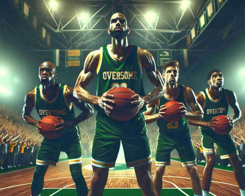 Generate a high definition image portraying the concept of 'Overtime Thrills'. Show a team of basketball players, uniformed in green and gold, displaying resilience in an intense overtime game. The crowd is on their edge of their seats, the atmosphere is electric and charged with suspense.