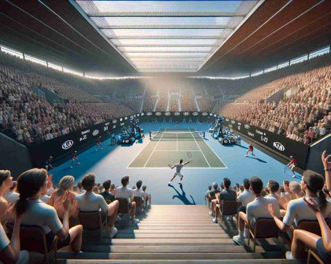 High-resolution realistic scene of an intense, nail-biting tennis match at the Australian Open. The moment captures unexpected upsets, with the underdog player making a remarkable comeback. The auditorium is packed with astonished spectators, all eyes focused on the dramatic turn of events on the court. The sky is clear, casting sharp shadows on the court floor. Heart-stopping moments like an inch-perfect 'winner' shot or a high-stakes tie-breaker add to the tension of the game.