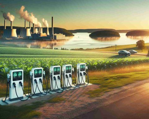 Create a realistic HD photo showcasing the environmentally friendly future of Wisconsin. The image should foreground multiple electric charging stations, ideally set in a natural setting to highlight the intersection of technology and environment. The background might contrast this with traditional power sources fading into the past, perhaps symbolized by a distant coal power plant. The scene should radiate a sense of hope and progress. Wisconsin's renowned landscapes, perhaps a blend of lakes, forests, and dairy farms can frame this evolving narrative.