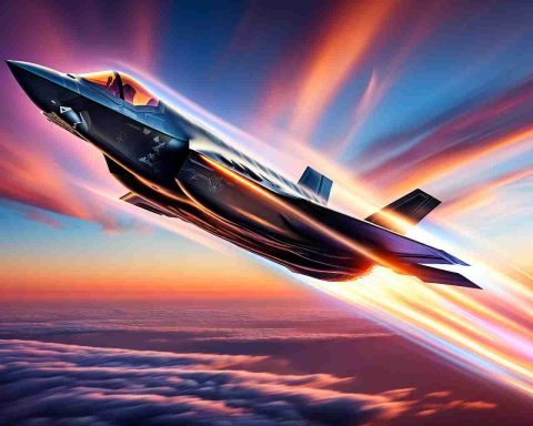 A realistic image in high definition of an F-35 Lightning fighter jet cruising high in the sky, the powerful engines propelling it forward at an incredible velocity that marks a new speed record. The sky around the plane is painted with hues of a vibrant sunset, while the aircraft itself leaves behind a faint contrail as a testament to its high-speed journey.