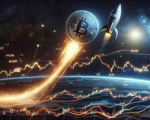 Detailed high-definition image of a generic politician's cryptocurrency taking off like a rocket into a starry nighttime sky, leaving a trail of light behind it. Below, the stock market is trembling, with graphs and charts showing significant turbulence. Please denote the numerous ups and downs in the market via dynamically fluctuating graphs and symbols. The crypto coin should be prominently displayed, glittering, in the foreground, captured just as it ascends.