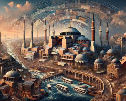 Generate a realistic high-definition image that represents a journey through time, highlighting Istanbul's rich history. The image should incorporate iconic landmarks such as the Hagia Sophia, the Blue Mosque, and the bustling Grand Bazaar, along with elements of ancient Byzantine and Ottoman empires. It should clearly depict the evolution from ancient history to the vibrant modern city it is now, ensuring a distinct blend of the old and new. The elements should be woven into a single stronger narrative, symbolizing the fusion of different historical periods that define Istanbul.