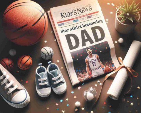 Generate a high-definition, realistic scene capturing the news of a star athlete becoming a dad. The image could include a creatively arranged pair of baby shoes, a basketball, a football, or any other sports-related gear, next to a newspaper featuring a headline about the athlete's exciting baby news. All elements should be shot in a celebratory manner, hinting at the excitement that this life-changing event brings. Make sure no specific person or celebrity is identifiable in the image.