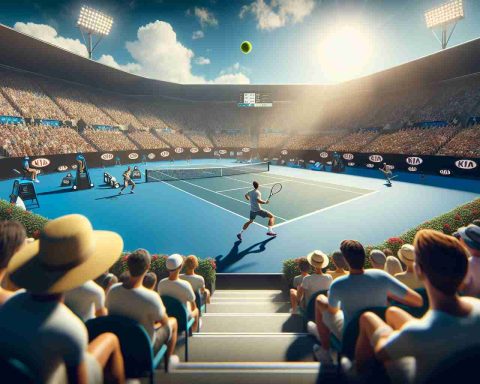 A realistic and high-definition depiction of an exciting tennis match at the Australian Open. The image shows two competitors playing under the sunny sky, each athlete putting their utmost effort into the game. The audience watches in anticipation, showcasing a range of emotions including excitement, anxiety, and anticipation. The court is perfectly maintained, the net stretched taut, and the tennis ball captured mid-air, hinting at the intensity of the match. Vivid colours, precise details and a dynamic composition combine to produce a truly 'thrilling showdown'.