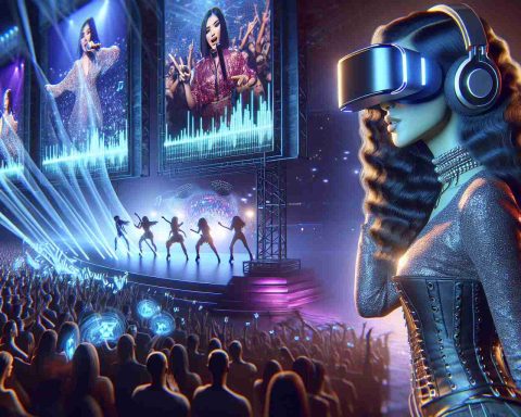 Scene of an unidentified pop singer meeting the virtual reality world. The concert experience of the future concept involves the artist wearing a headset, immersed in high-tech visuals with digital avatars of fans, sound waves and 3D graphics. Surrounding her are gigantic virtual screens showing her performance in dynamic colors. Her style is edgy and modern, embodying the latest fashion trends. She has a slender physique, medium-length dark wavy hair and is dressed in a glittery outfit. It all testifies to a futuristic, engaging and immersive music experiences.