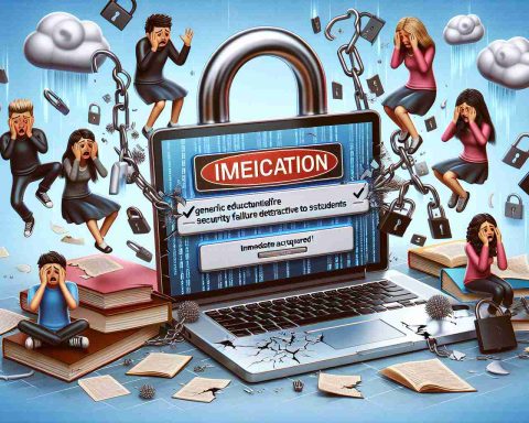 Realistic high-definition image depiction of a data breach incident, focusing primarily on a generic educational software's security failure detrimental to students. The illustration should evoke a sense of urgency and need for immediate action. It could include elements such as broken padlocks symbolizing weak security, distressed students expressed through emoticons, and a banner headline that reads: 'Immediate Action Required!'