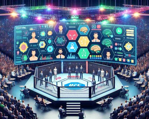 Generate a realistic, high-definition image that represent the concept of UFC 311 Predictions with the tagline 'AI Takes the Octagon! Can Technology Out-Fight the Experts?'. This would contain a scene with an octagon-shaped UFC ring, with one side featuring traditional experts, depicted as diverse, animated strategists with charts and stats and on the opposite side of the ring, a panel of different artificial intelligence icons such as brain-like circuits, algorithms symbols, and machine learning illustrations, symbolizing AI. All set in the atmosphere of a UFC event, with vivid lights and cheering crowds.