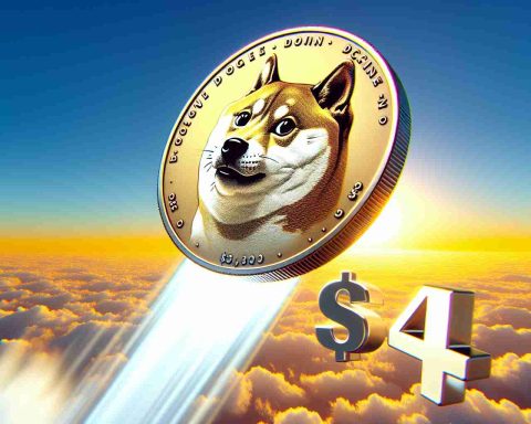 A realistic, high-definition image of a dogecoin-themed coin. The coin is oriented such that the heads side is predominantly visible. It's majestically soaring upwards towards a vivid, clear sky, symbolizing its rise in value. There is a large '$4.3' overlaid on the bottom right of image which signifies a potential price target or value.