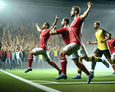 Realistic high-definition image of an intense football match where the red team is celebrating a victory over the yellow team, following a tense shootout sequence. The players are all wearing their team's uniforms, with spectators in the background cheering on.