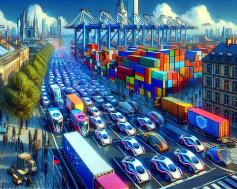 Render an HD picture depicting the metaphorical concept of a surge in electric vehicle usage. Show a multitude of futuristic electric vehicles occupying European city streets. Incorporate elements that symbolize trade conflict such as shipping containers with national flags, juxtaposed with peaceful urban scenes. Use vivid colors and clear detail to give a sense of realism.