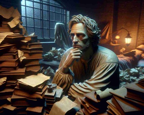 A realistic HD representation of an individual, reminiscent of historic philosophers, undergoing the struggle of insomnia. The scene displays non-gender-specific figure of Caucasian descent, clearly deep in thought amidst a dimly lit room, surrounded by stacks of books and crumpled parchment. The figure's tense expression and weary eyes reflect a palpable battle against sleeplessness. Their late-night musings, an unseen combat of the mind, are made apparent through the symbolic emphasis on their troubled countenance and the disarray of enlightening yet relentless thoughts scattered across the room.