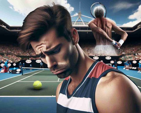 Create a realistic high-definition image portraying a male tennis player, of Eastern European descent, with a visible sports injury, expressing disappointment and despair. The background features the Australian Open tennis court, indicating a shattered dream of winning the tournament.