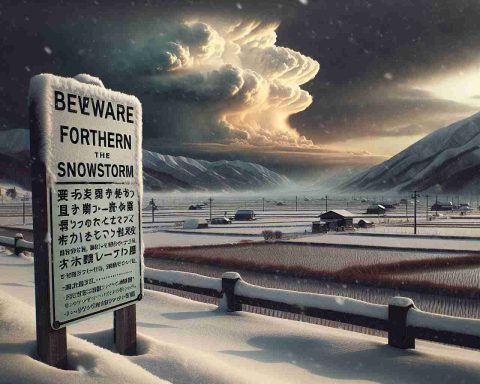 Generate a hyper-realistic, high definition image of the impending Snowstorm in Northern Kyushu, Japan. The scene should depict a snowstorm brewing in the distance with ominous clouds and falling snow, set against the backdrop of the characteristic Japanese rural landscape of Northern Kyushu. The foreground should have a sign in both English and Japanese, alerting of the incoming storm, with phrases such as 'Beware of the Snowstorm'. The sign should be sturdy, standing against the harsh weather conditions, symbolizing preparedness.