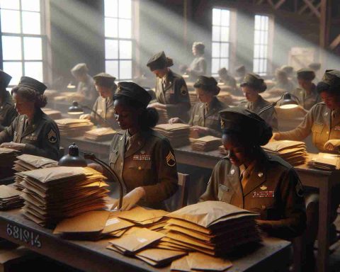 A high-definition, realistic depiction of a historical scenario. The scene portrays an episode from World War II, highlighting the legacy of a lesser-known but crucial battalion: the 6888th. It was an all-female group tasked with sorting mail. The scene should feature diverse Black women in military uniforms diligently working under the warm glow of desk lamps, surrounded by mountains of mail bags. There should be a sense of unity, determination, and duty conveyed in the image.