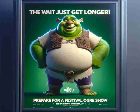 High-definition, realistic image of a poster for a delayed fifth installment of a popular fantasy animation movie featuring a boisterous green ogre. The text on the poster reads 'The Wait Just Got Longer! Prepare for a Festive Ogre Show'. The ogre is characterized by its large, round body, tubby belly, green skin, and distinctive trumpet-like ears. It is shown in festive attire, ready to entertain the audience.