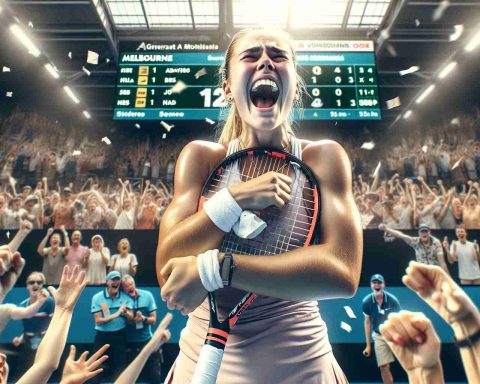 Generate a realistic, high definition image of a victory scene in a tennis tournament in Melbourne. In this scene, we can see an ecstatic female tennis player hugging her racket tightly, her face reflecting an overwhelming sense of surprise and joy. She has just advanced to the next round after a fiercely competitive match. In the background, the crowd is wildly cheering, their faces mirroring the player's emotions of triumph and exhilaration. Simultaneously, the scoreboard shows that the match was indeed a nail-biter and the player advancing was a substantial surprise.