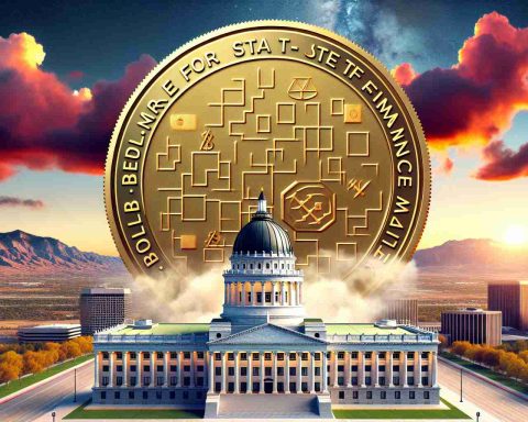 A high-definition, realistic view of an emblematic landmark in Utah, with the backdrop of a breathtaking sunset. In the foreground, a shiny golden coin embossed with abstract symbols to represent digital cryptocurrency, symbolizing a new era of state finance. The phrase 'Bold Move: A New Era for State Finance Awaits!' is displayed prominently in the sky using cloud formations.