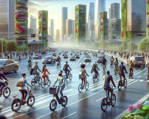 High definition, realistic image of an unfolding revolution in transportation focusing on electric bikes. The scene should capture the essence of the future being powered by pedals. Depict busy city roads with traffic moving on them, where a considerable number of diverse commuters (such as a Caucasian female, Black male, Middle-Eastern female and South Asian male) are seen preferring electric bikes over traditional vehicles. Supplement this image with a portrayal of eco-friendly cities in the background with vertical gardens and solar panels, further emphasizing the sustainable future facing us.