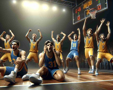 Realistic high-definition image of an intense basketball game finish. The scene depicts the moment when a basketball team, clad in yellow and blue uniforms, believe they've fallen short in the end, showing their shock and disappointment. The scoreboard shows a one-point difference contributing to the dramatic atmosphere.