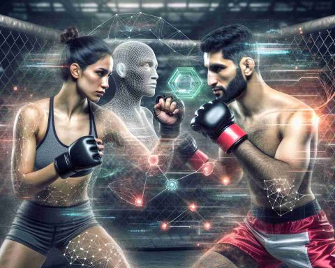 Realistic high-definition photo of a unique concept: Mixed Martial Arts (MMA) meets predictive AI. Imagine a pair of MMA athletes, one Hispanic female and one Middle-Eastern male, sparring in a cage ring. In the background, superimposed graphical elements of artificial intelligence, such as complex algorithms and data flows, intersect with the scene.